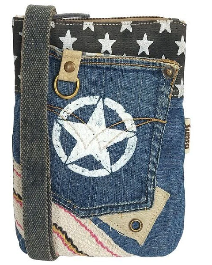Sunsa Damen Handy Tasche kleine vegane Umhängetasche aus recycelte Jeans & Canvas