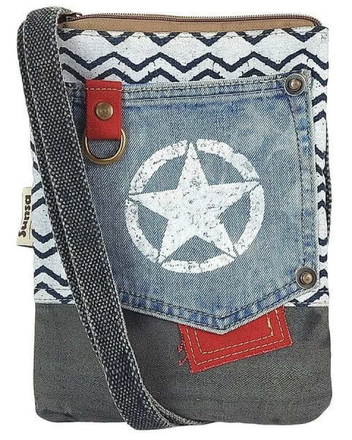 Sunsa Damen Handy Tasche kleine vegane Umhängetasche aus recycelte Jeans & Canvas
