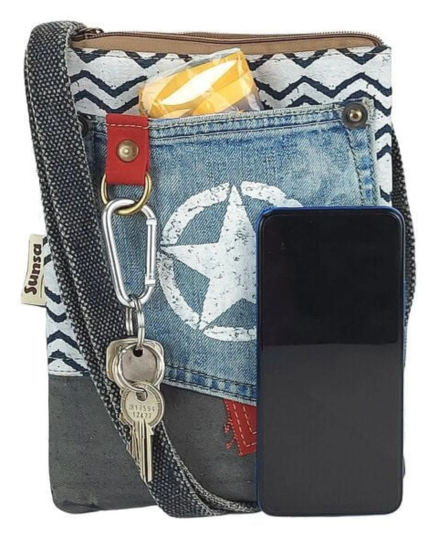 Sunsa Damen Handy Tasche kleine vegane Umhängetasche aus recycelte Jeans & Canvas – Ansicht 3