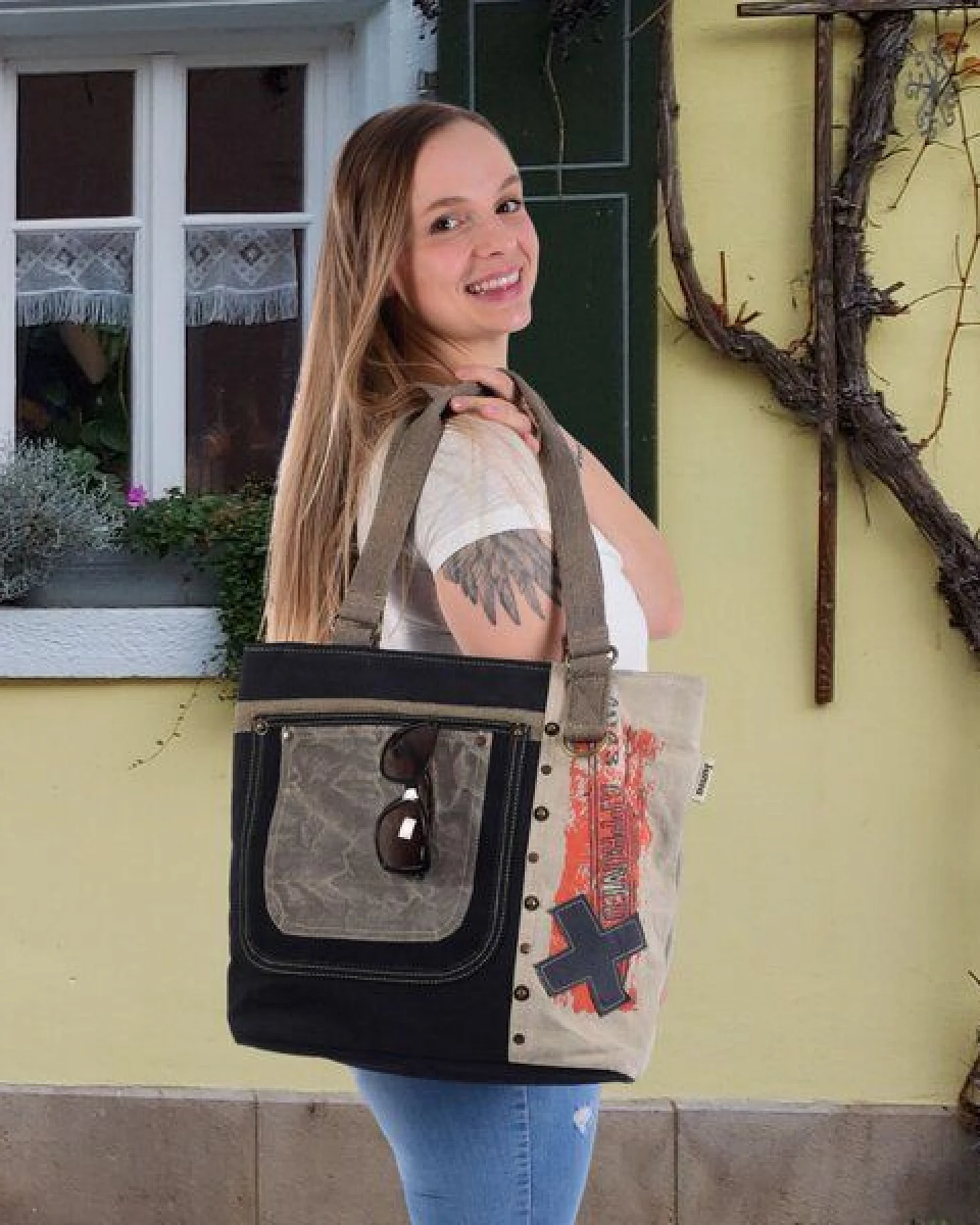 Sunsa Shopper Canvas Handtasche in Vintage Stil, Vegane Schultertasche – Ansicht 2