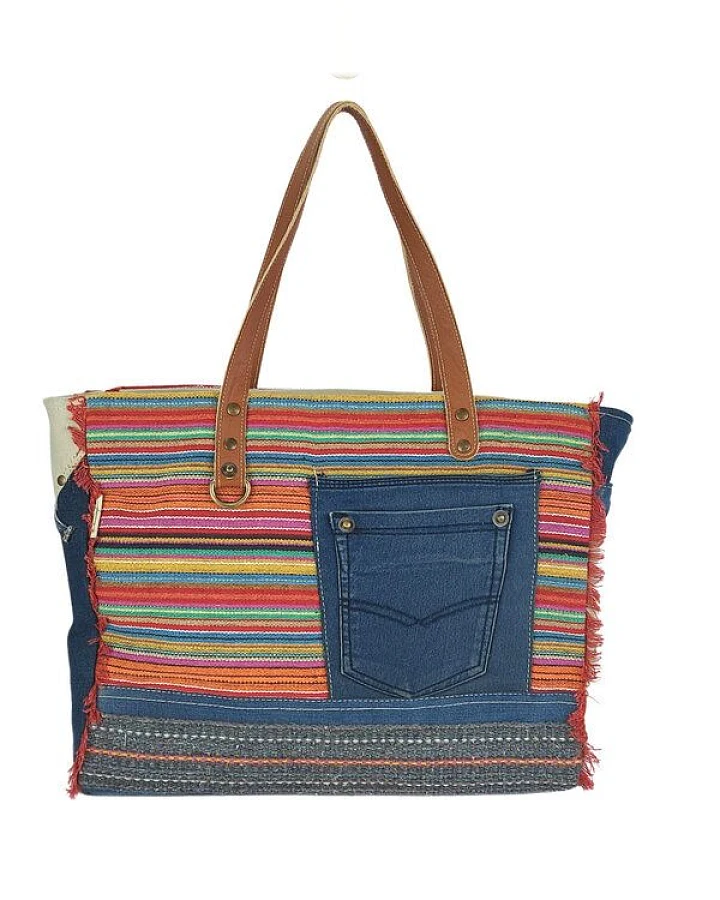 Sunsa XXL Handtasche aus recycelte Jeans, canvas & Leder. Nachhaltige Schultertasche. Shopper mit Streifen Design