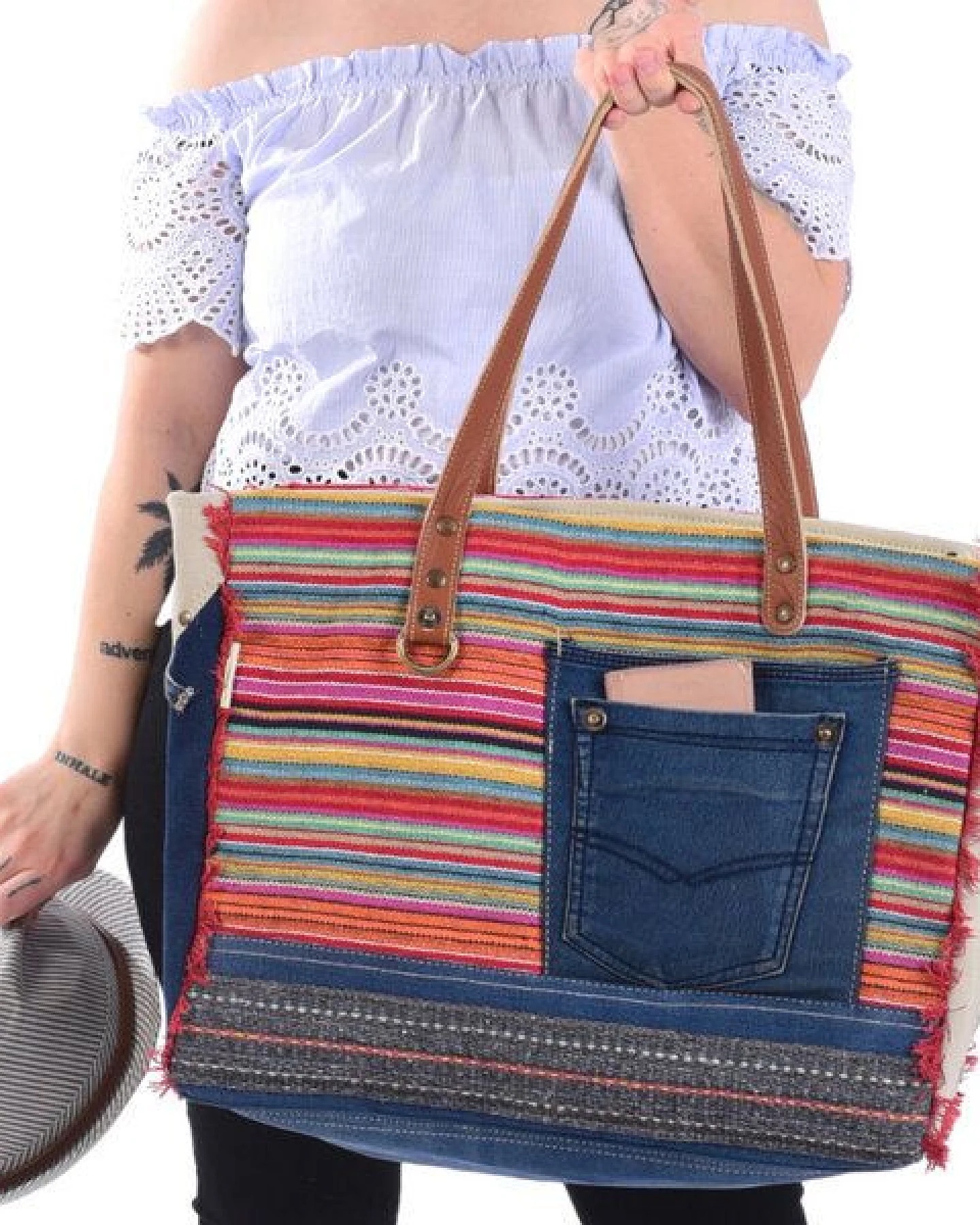 Sunsa XXL Handtasche aus recycelte Jeans, canvas & Leder. Nachhaltige Schultertasche. Shopper mit Streifen Design – Ansicht 2