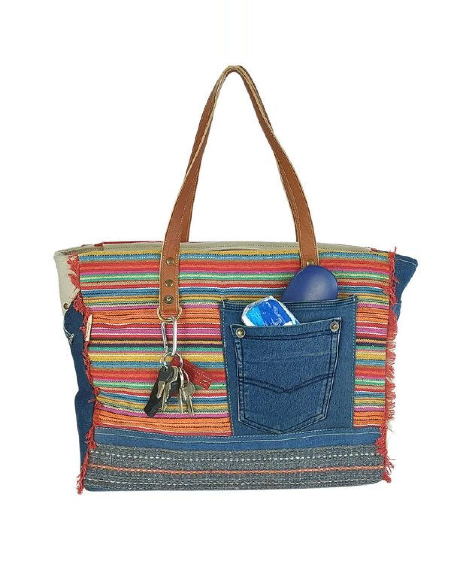 Sunsa XXL Handtasche aus recycelte Jeans, canvas & Leder. Nachhaltige Schultertasche. Shopper mit Streifen Design – Ansicht 3