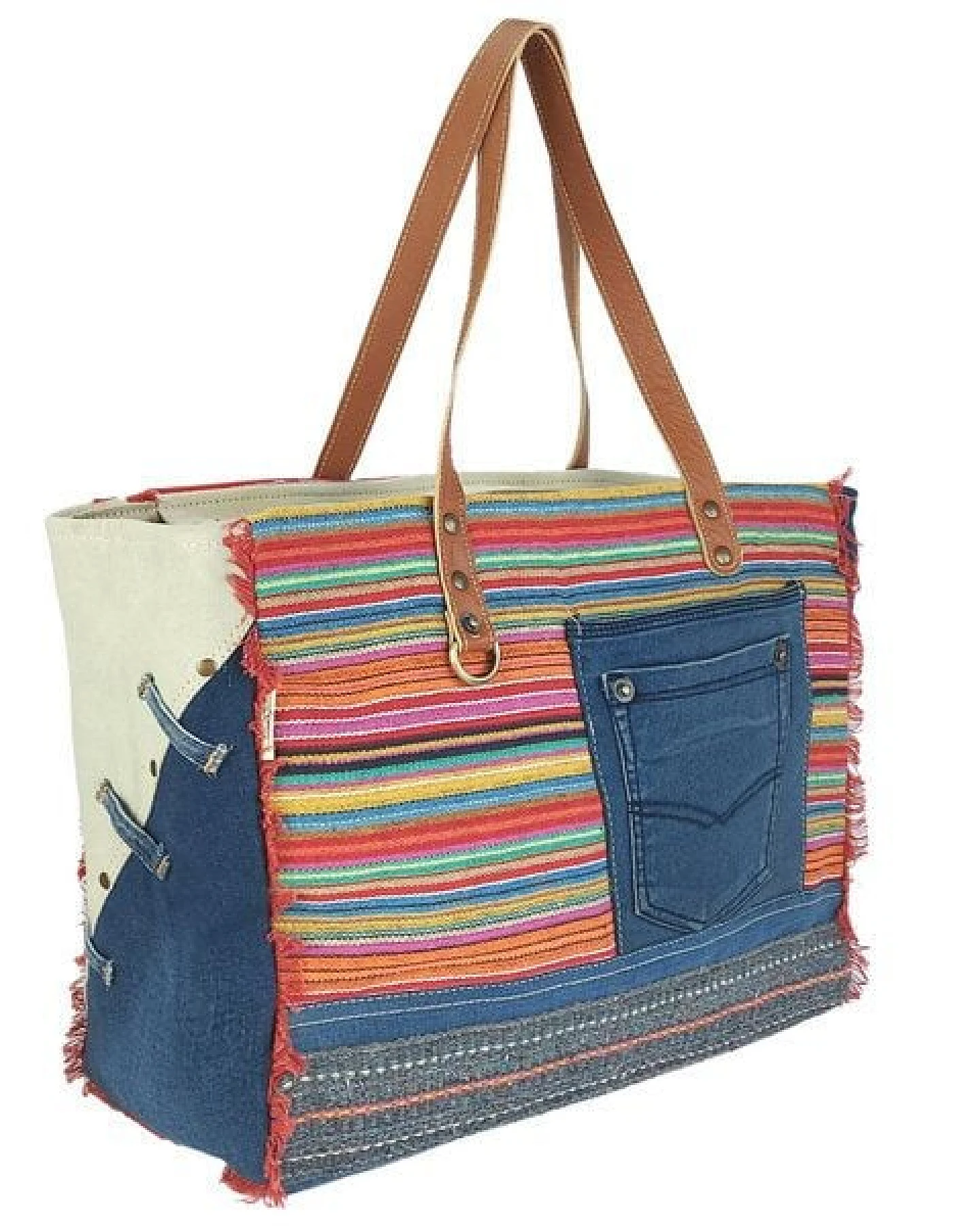 Sunsa XXL Handtasche aus recycelte Jeans, canvas & Leder. Nachhaltige Schultertasche. Shopper mit Streifen Design – Ansicht 4