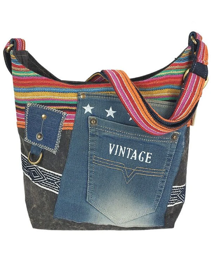 Sunsa Umhängetasche aus recycelter Jeans & Canvas. Nachhaltige Crossbody Hobo Tasche