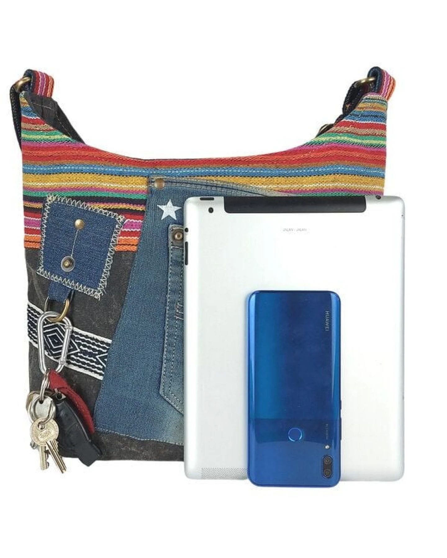 Sunsa Umhängetasche aus recycelter Jeans & Canvas. Nachhaltige Crossbody Hobo Tasche – Ansicht 3