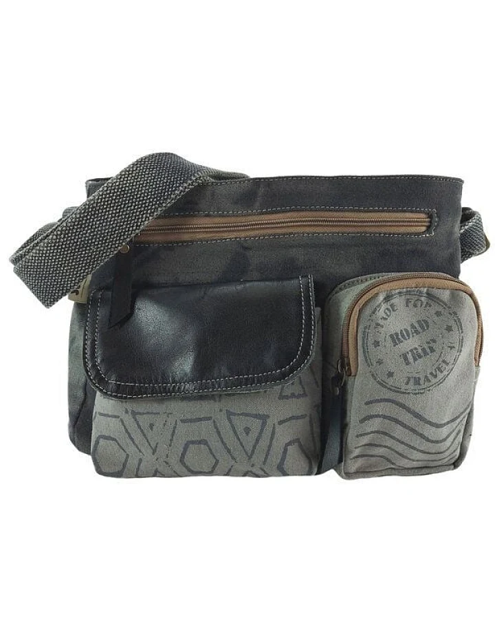 Sunsa Canvas Tasche. Kleine Umhängetasche. Schultertasche grau/ schwarz mit 3 Front Taschen