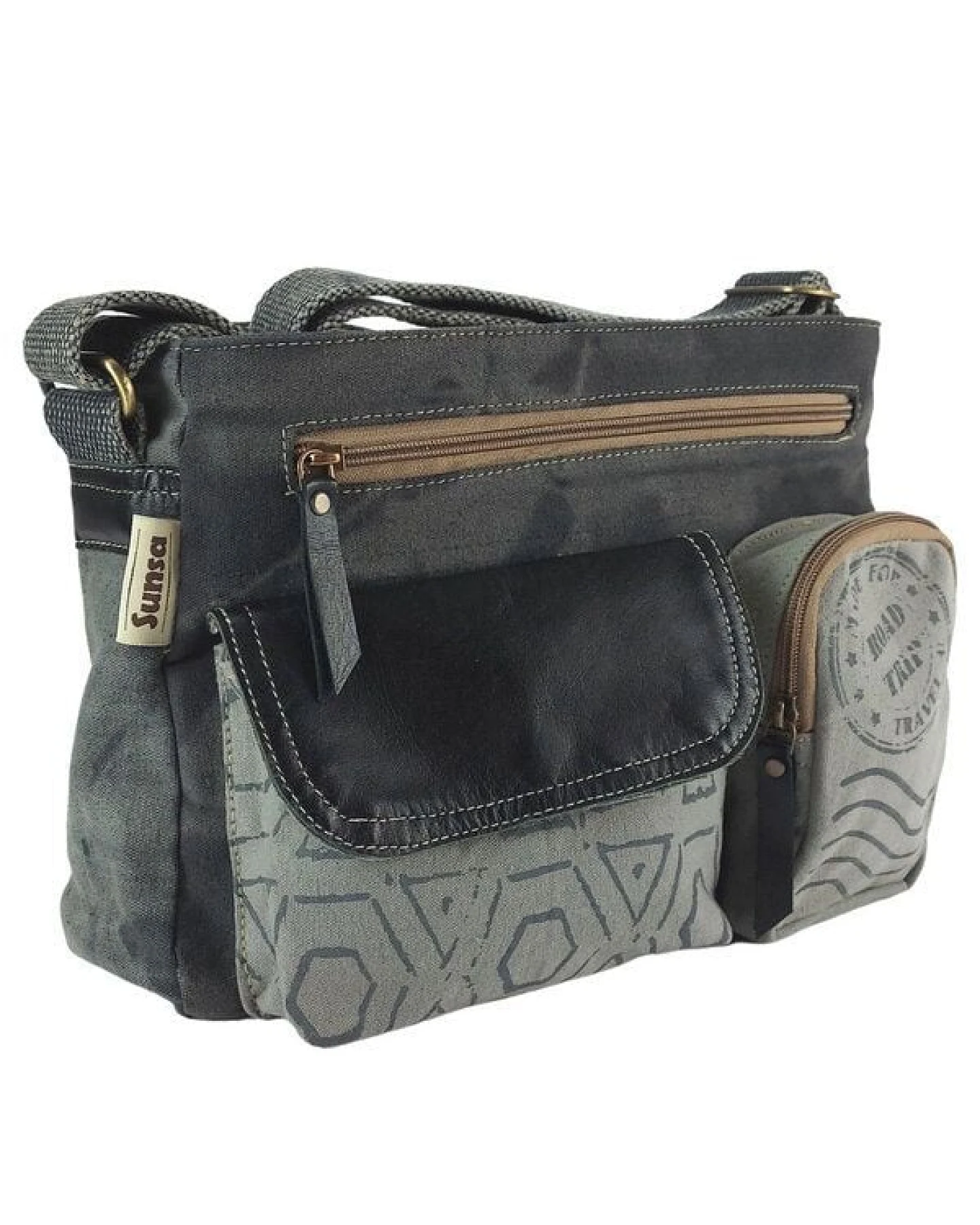 Sunsa Canvas Tasche. Kleine Umhängetasche. Schultertasche grau/ schwarz mit 3 Front Taschen – Ansicht 4