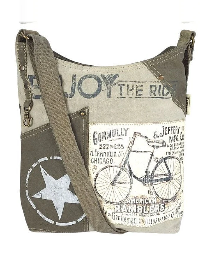 Sunsa Canvas Umhängetasche. Vintage Stil mit Fahrrad Motiv Crossbody Bag. Vegane Hobo Tasche.