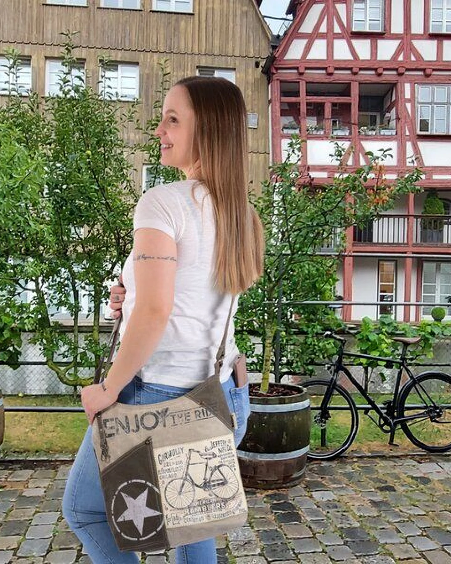 Sunsa Canvas Umhängetasche. Vintage Stil mit Fahrrad Motiv Crossbody Bag. Vegane Hobo Tasche. – Ansicht 2