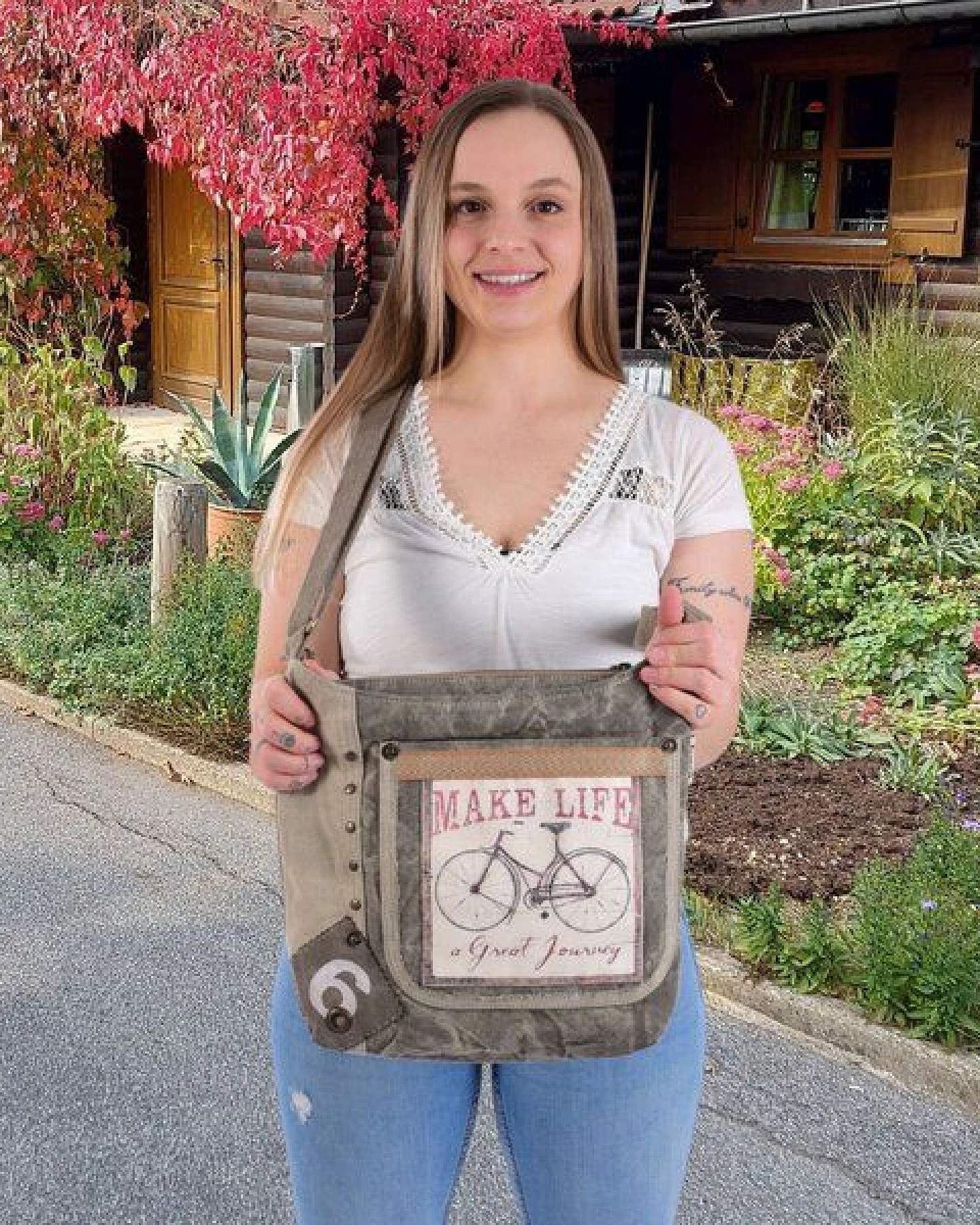 Sunsa Canvas Umhängetasche. Vintage Stil mit Fahrrad Motiv Crossbody Bag. Vegane Hobo Tasche. – Ansicht 2