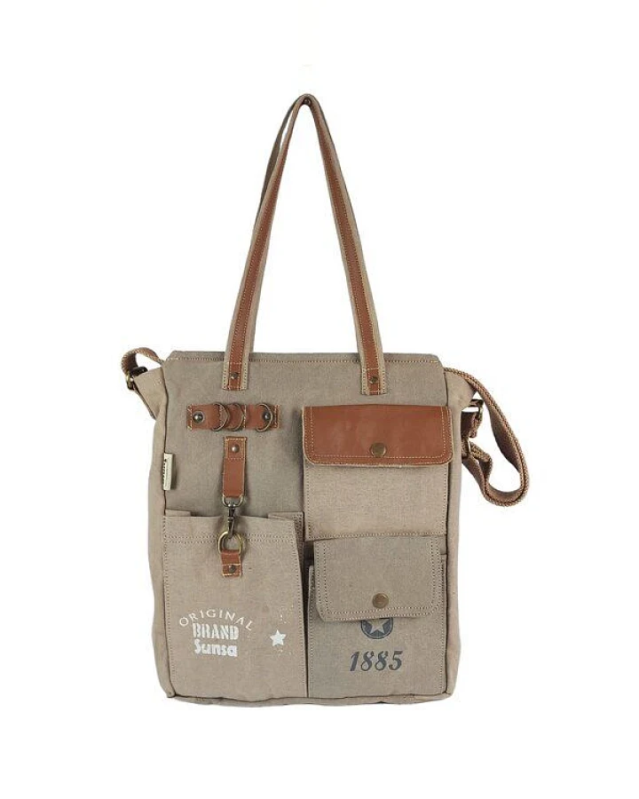 Sunsa Vintage Tasche. XL Schwarze Shopper. Schultertasche aus Canvas & Leder