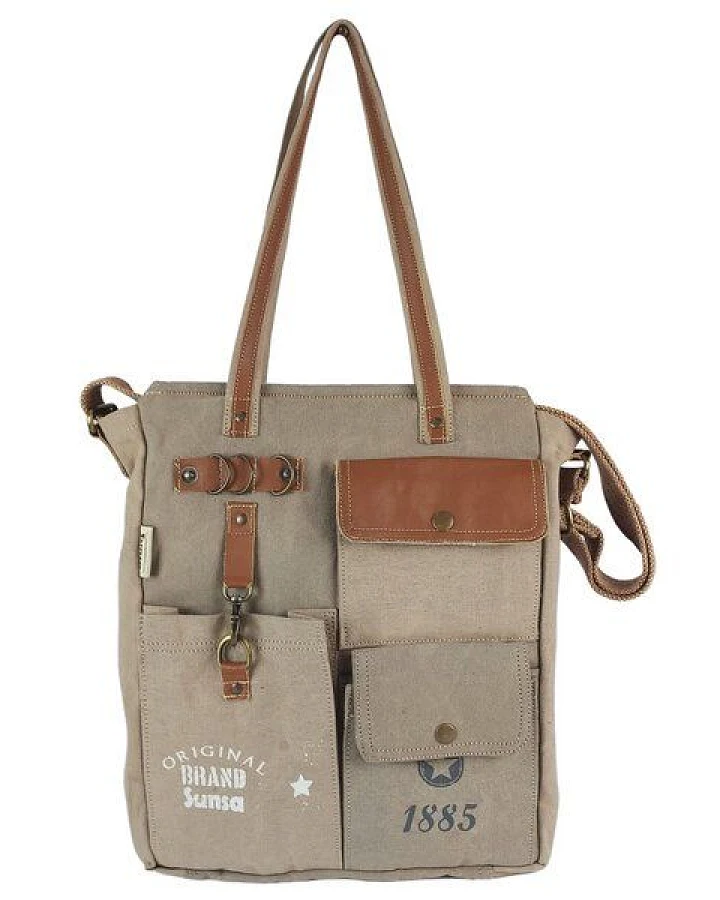 Sunsa Vintage Tasche. XL Schwarze Shopper. Schultertasche aus Canvas & Leder