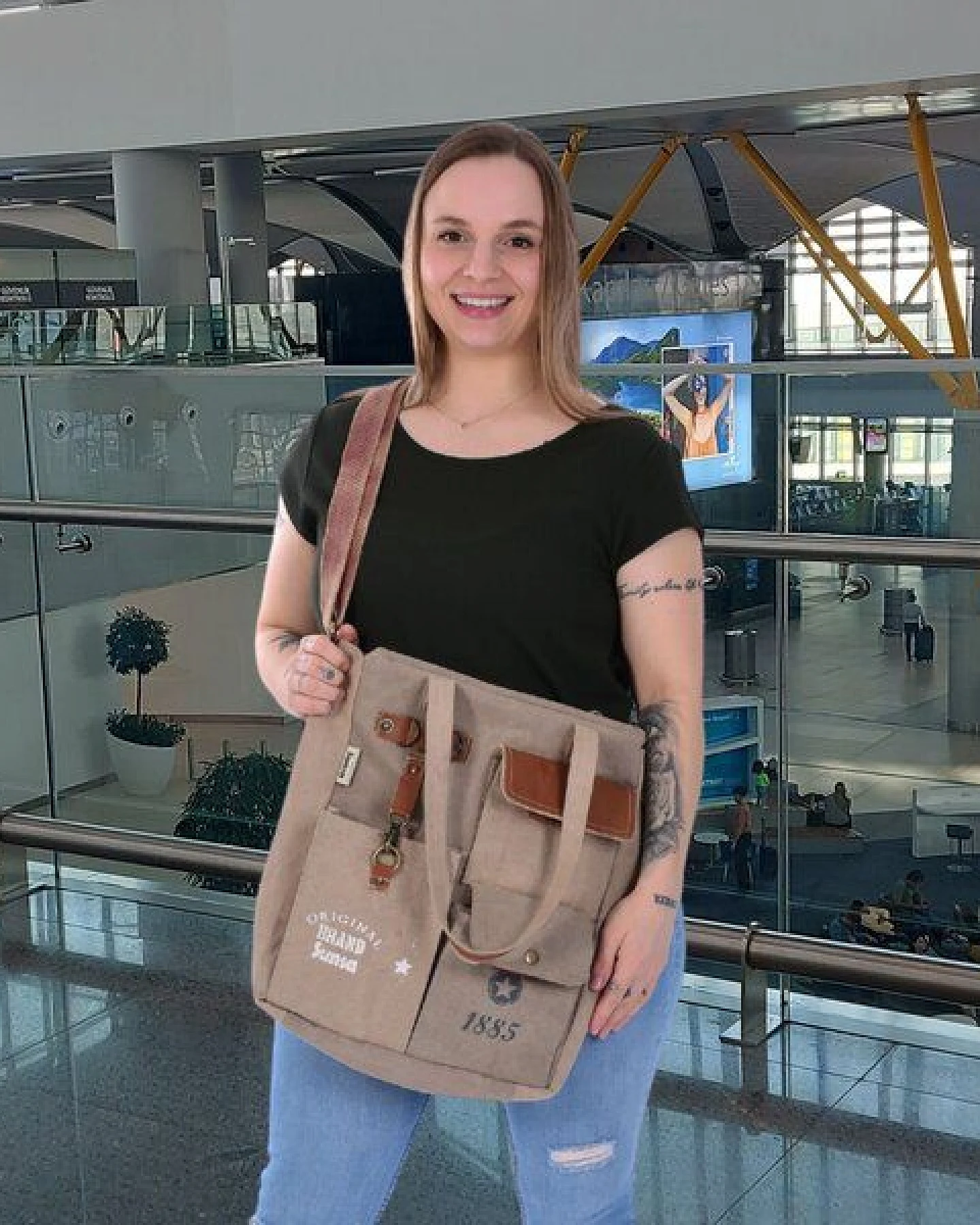 Sunsa Vintage Tasche. XL Schwarze Shopper. Schultertasche aus Canvas & Leder – Ansicht 2
