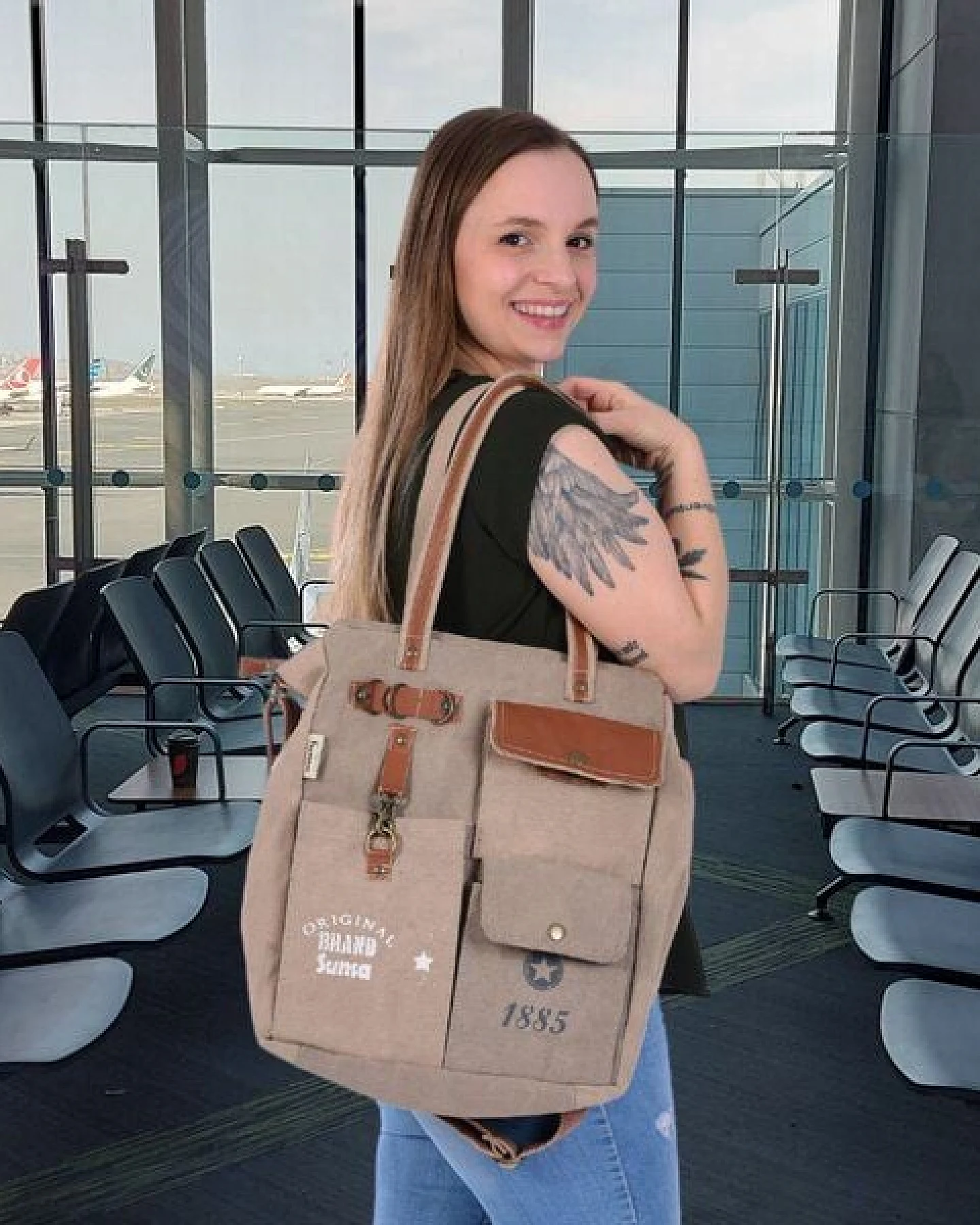 Sunsa Vintage Tasche. XL Schwarze Shopper. Schultertasche aus Canvas & Leder – Ansicht 4