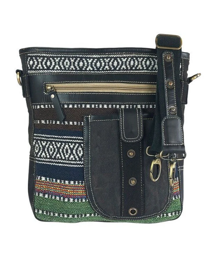 Sunsa Umhängetasche Webstoff gemustert Tasche, Schultertasche mit viel Fächern