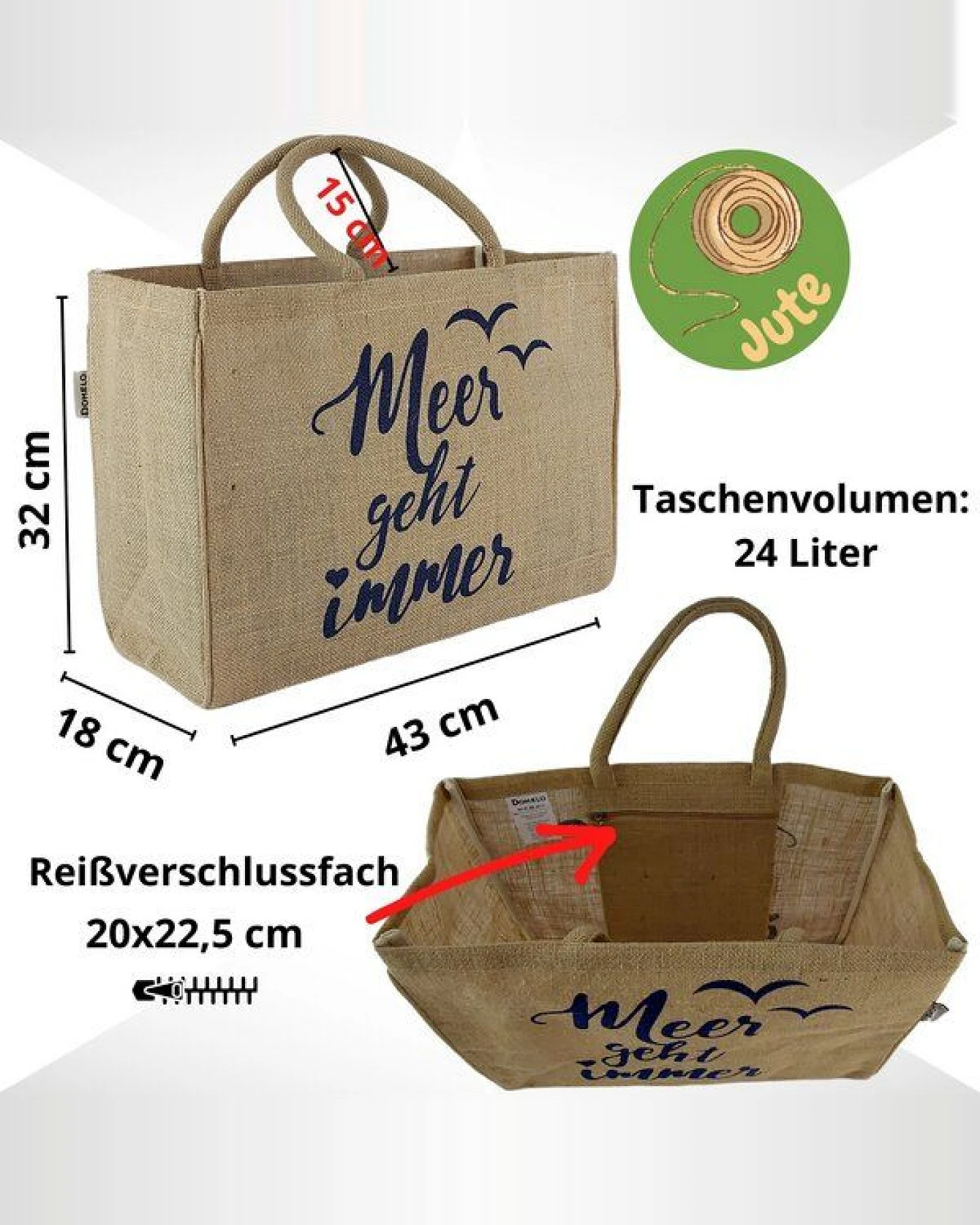 Domelo große Jute Einkaufskorb, Vegane Einkaufstasche nachhaltige Handtasche/ Shopper – Ansicht 3