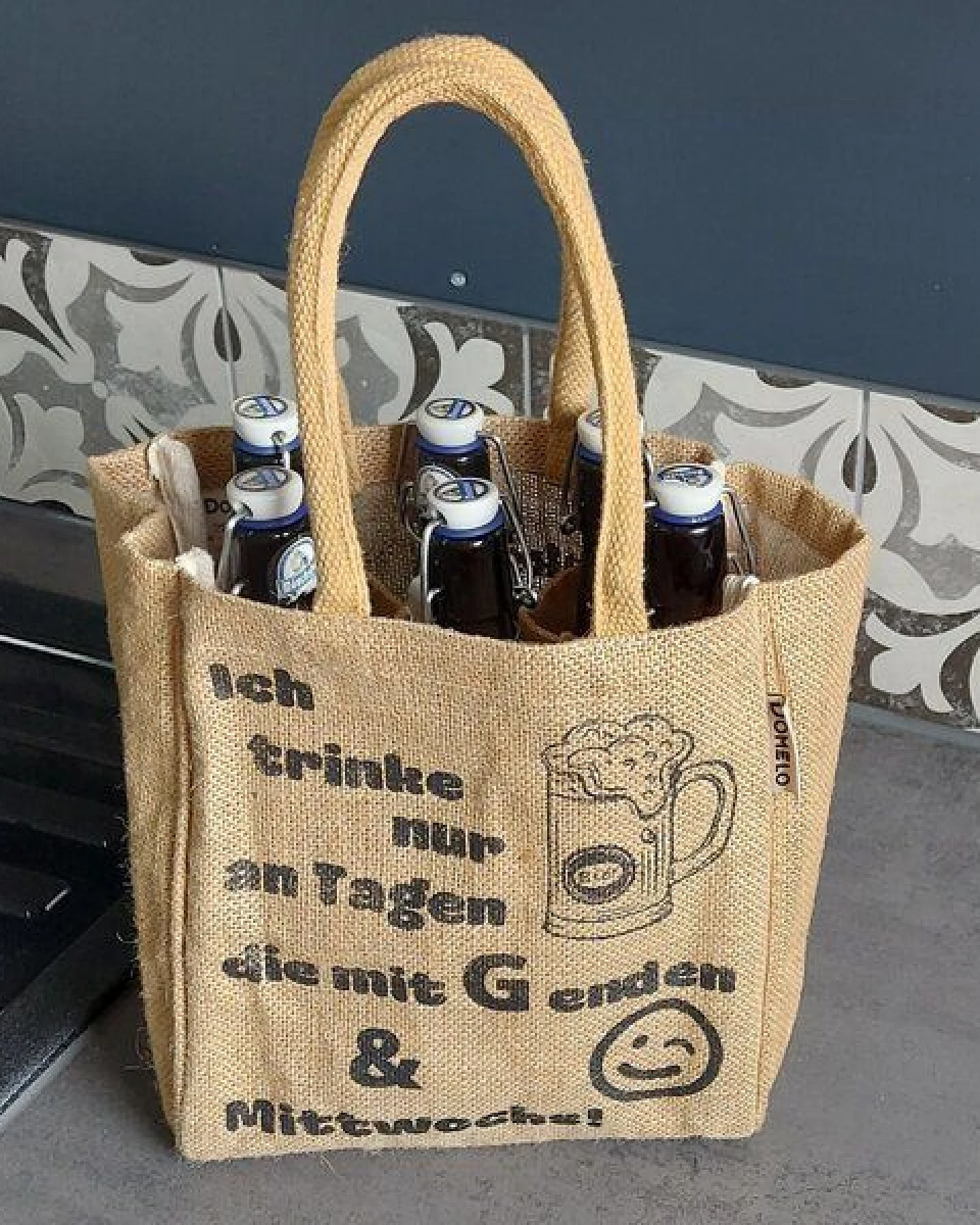 Domelo Jute Einkaufstasche, Flaschenträger mit 6 Fächer. 100% Vegane Bierflaschenträge – Ansicht 2