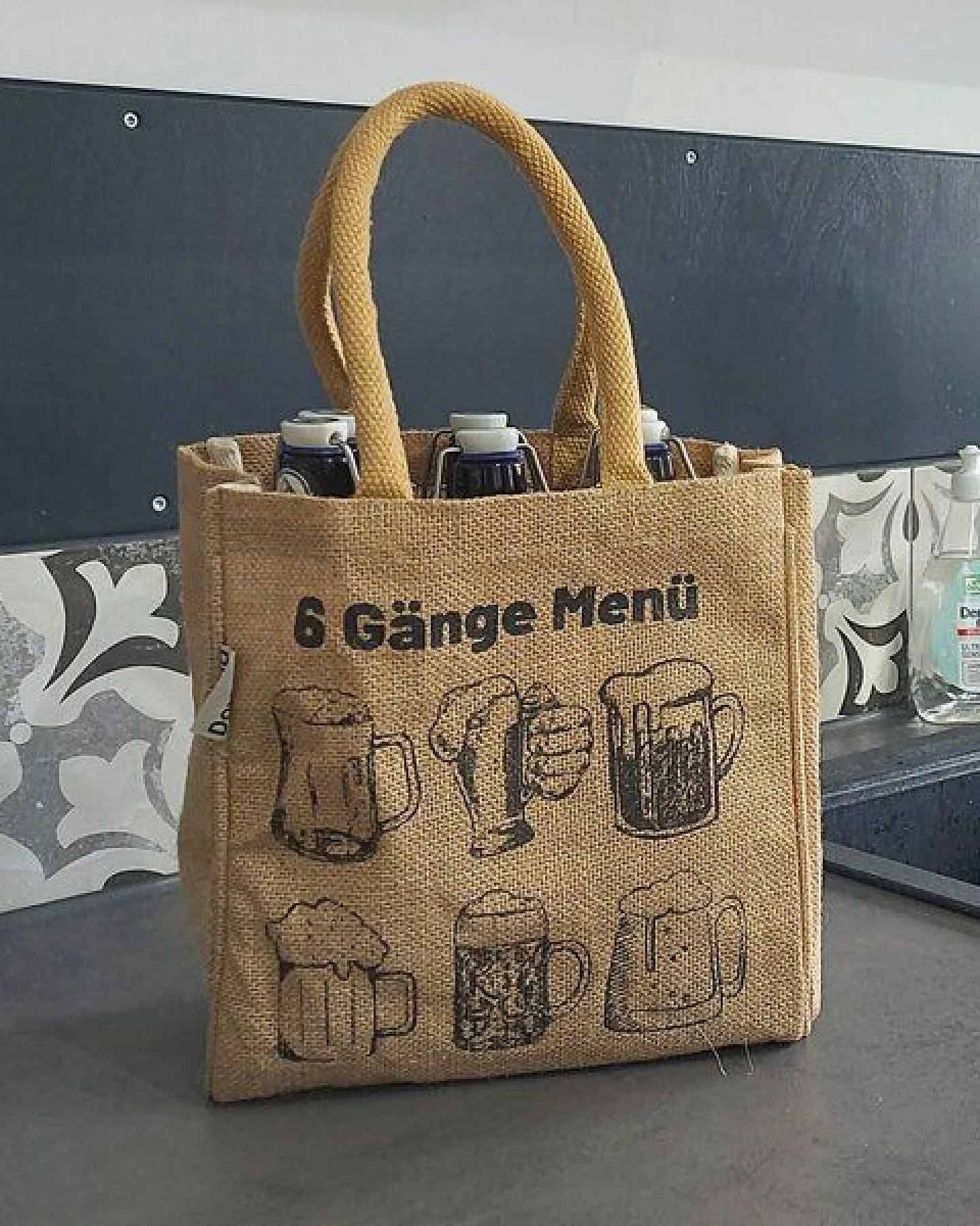 Domelo Jute Einkaufstasche, Flaschenträger mit 6 Fächer. 100% Vegane Bierflaschenträge – Ansicht 2