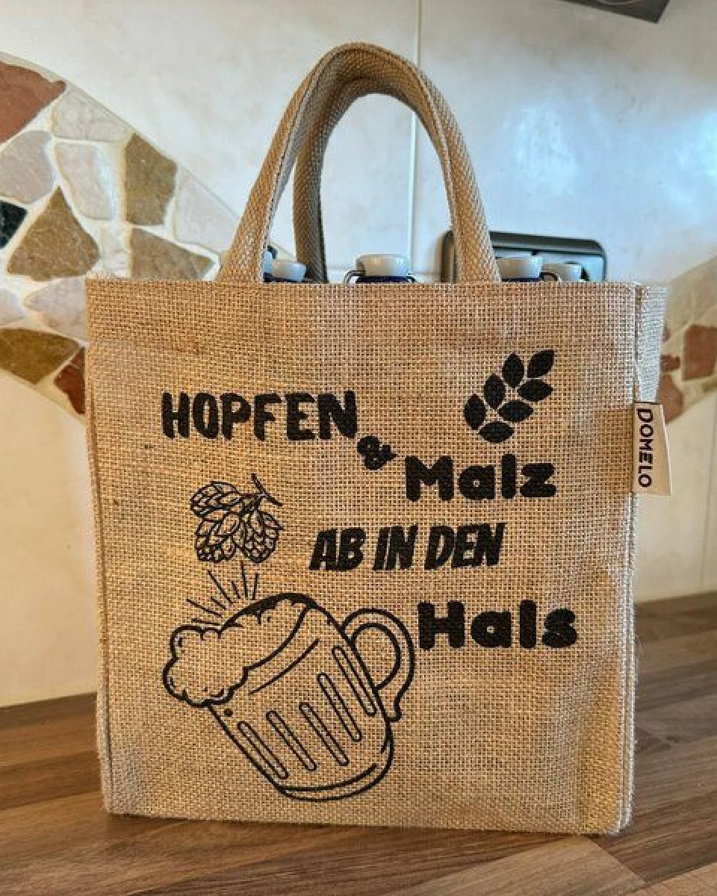 Domelo Jute Einkaufstasche, Flaschenträger mit 6 Fächer. 100% Vegane Bierflaschenträge – Ansicht 2