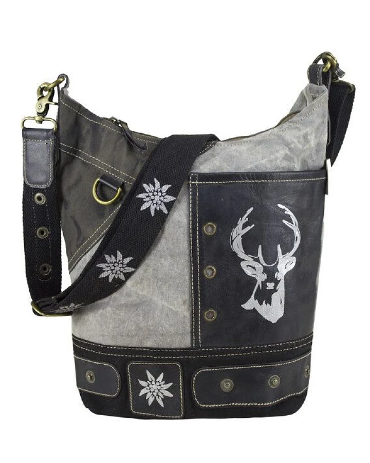 Domelo Hobo Tasche Canvas Umhängetasche mit Trachten Motive graue Schultertasche