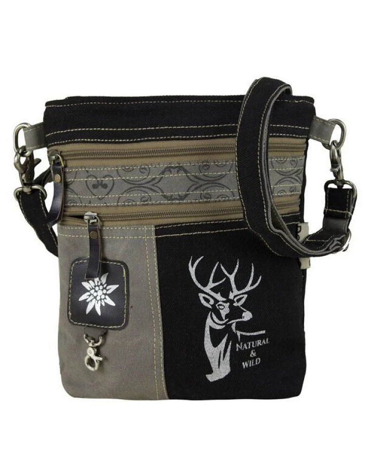 Domelo Umhängetasche. Canvas Trachtentasche mit Hirsch-Motiv, grau/ schwarz
