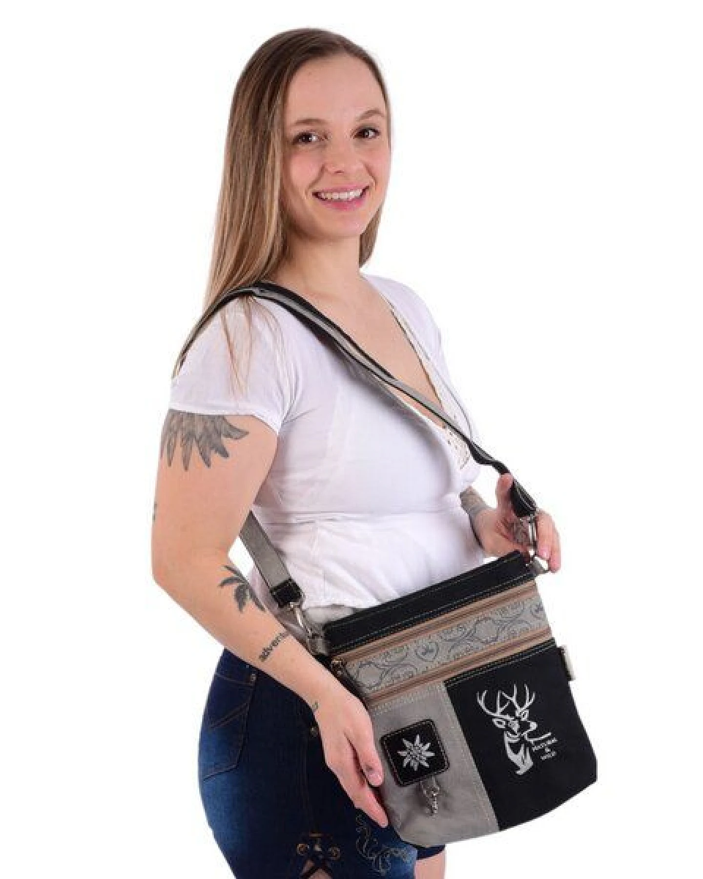 Domelo Umhängetasche. Canvas Trachtentasche mit Hirsch-Motiv, grau/ schwarz – Ansicht 2