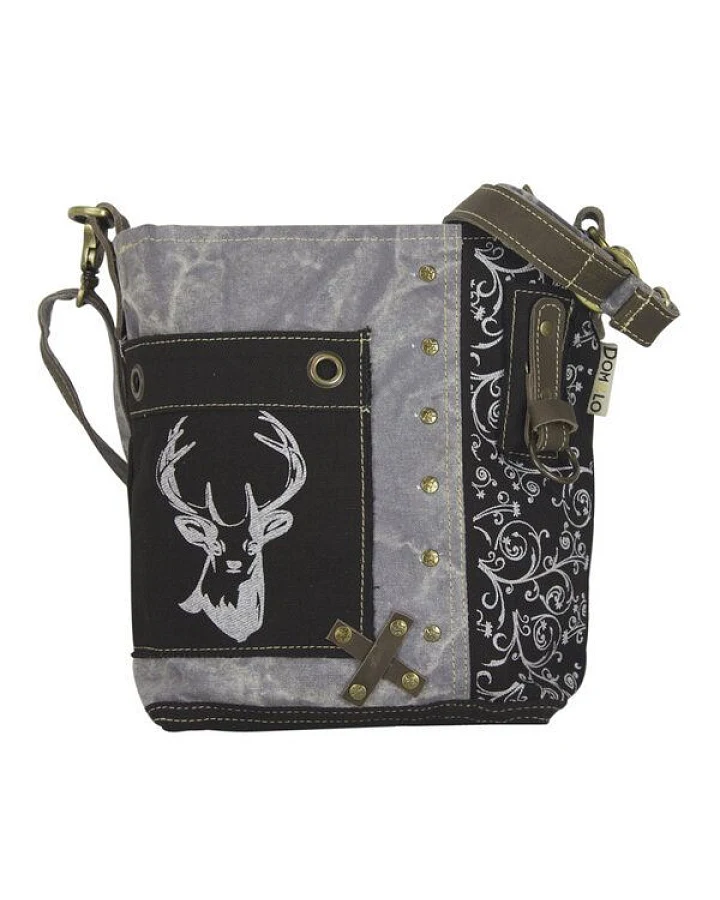 Domelo Umhängetasche. Canvas Trachtentasche mit Hirsch-Motiv, grau/ schwarz