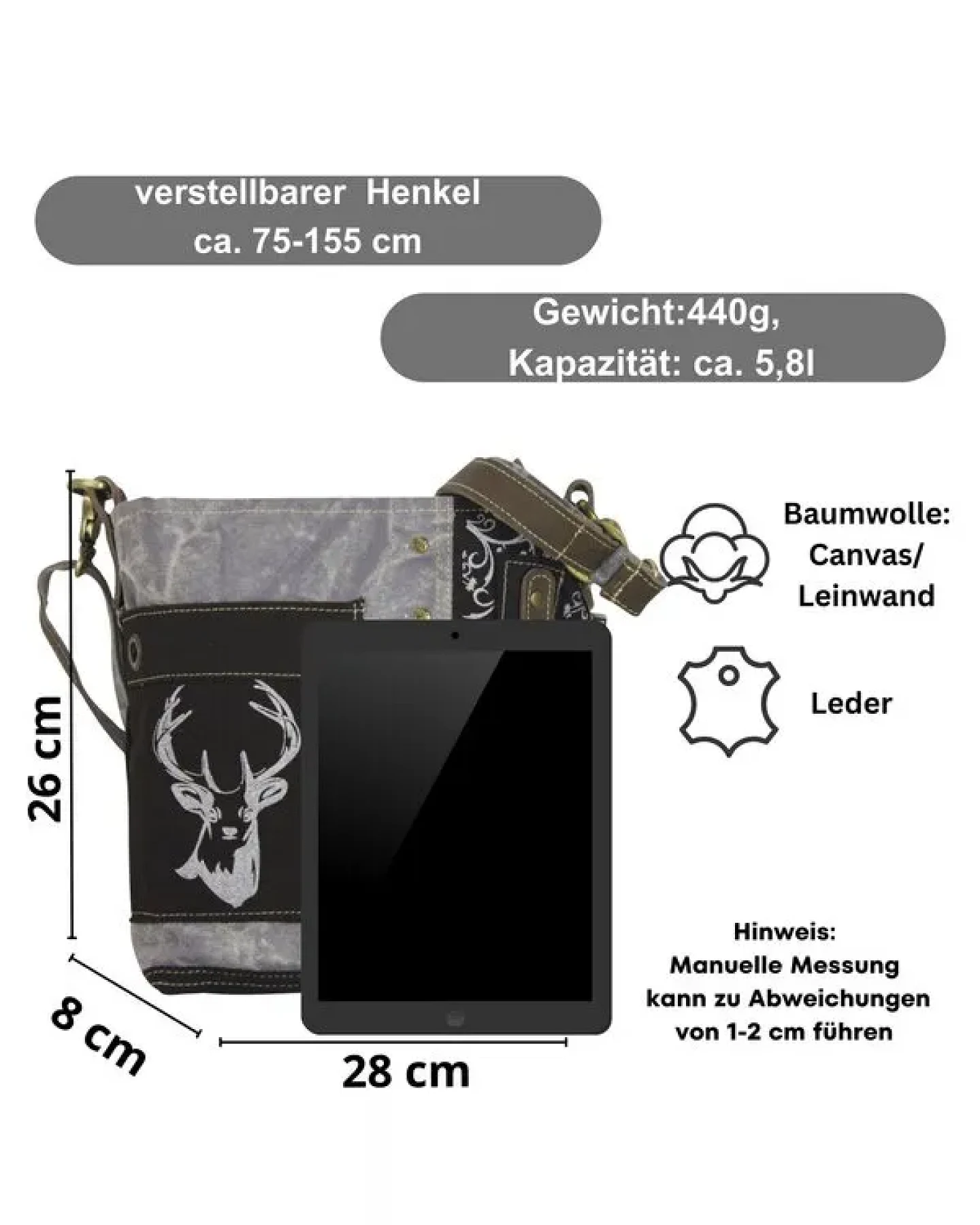 Domelo Umhängetasche. Canvas Trachtentasche mit Hirsch-Motiv, grau/ schwarz – Ansicht 3