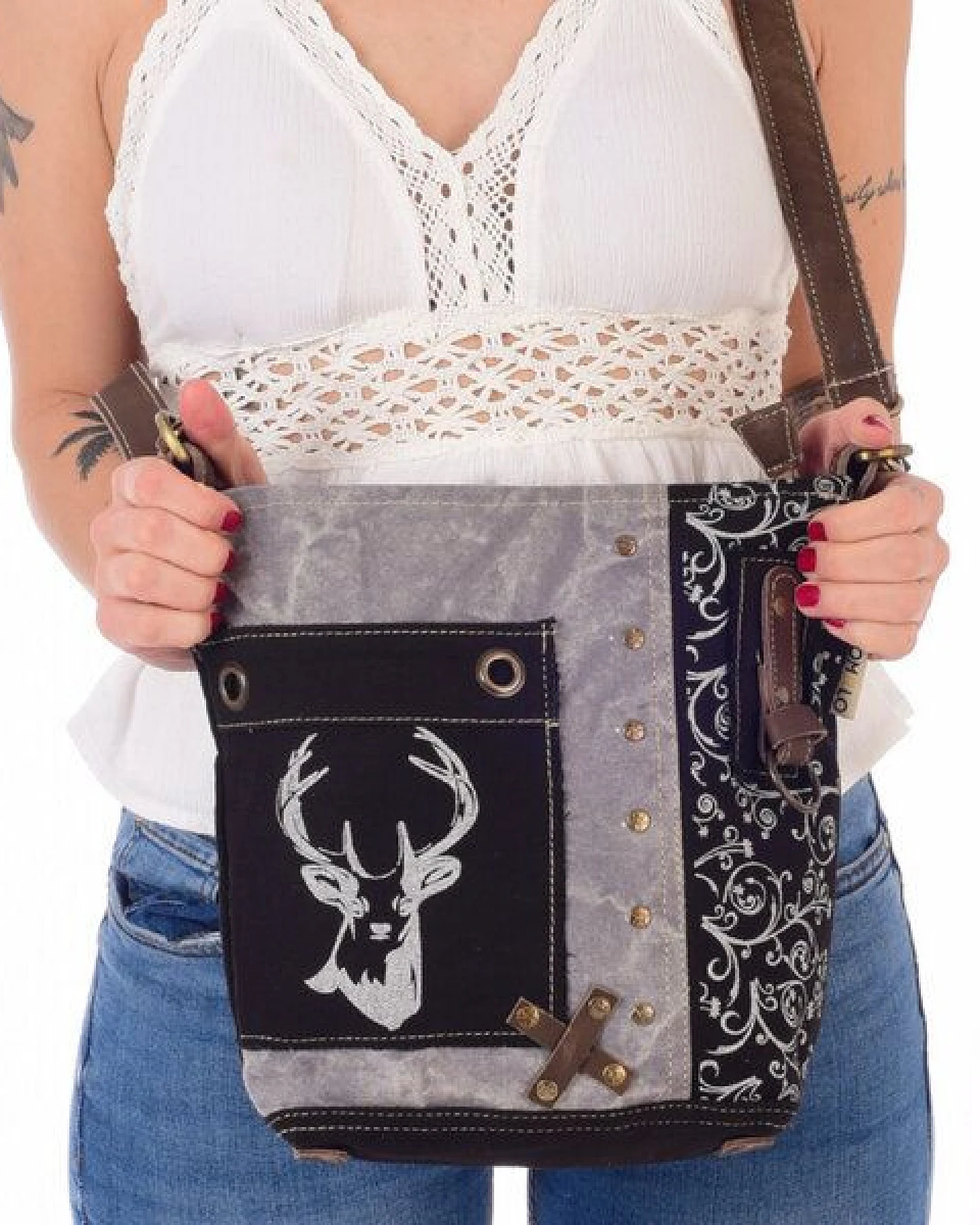 Domelo Umhängetasche. Canvas Trachtentasche mit Hirsch-Motiv, grau/ schwarz – Ansicht 4