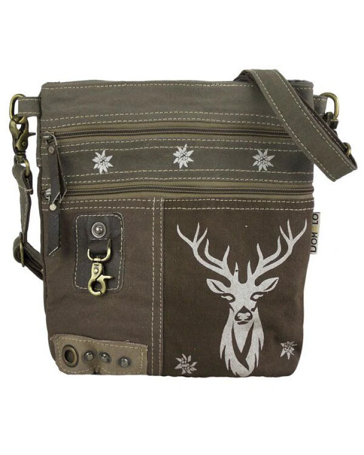 Domelo Umhängetasche. Canvas Trachtentasche mit Hirsch-Motiv, braun/ Khaki grün