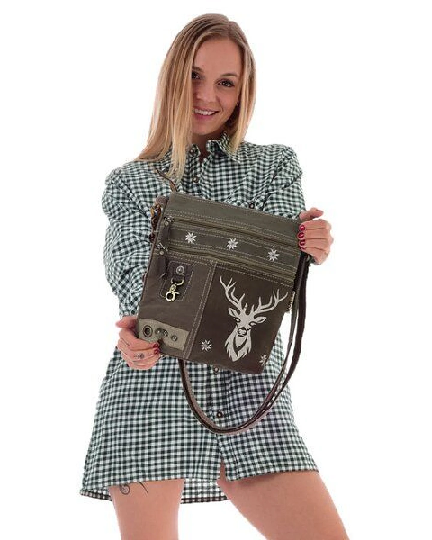 Domelo Umhängetasche. Canvas Trachtentasche mit Hirsch-Motiv, braun/ Khaki grün – Ansicht 2