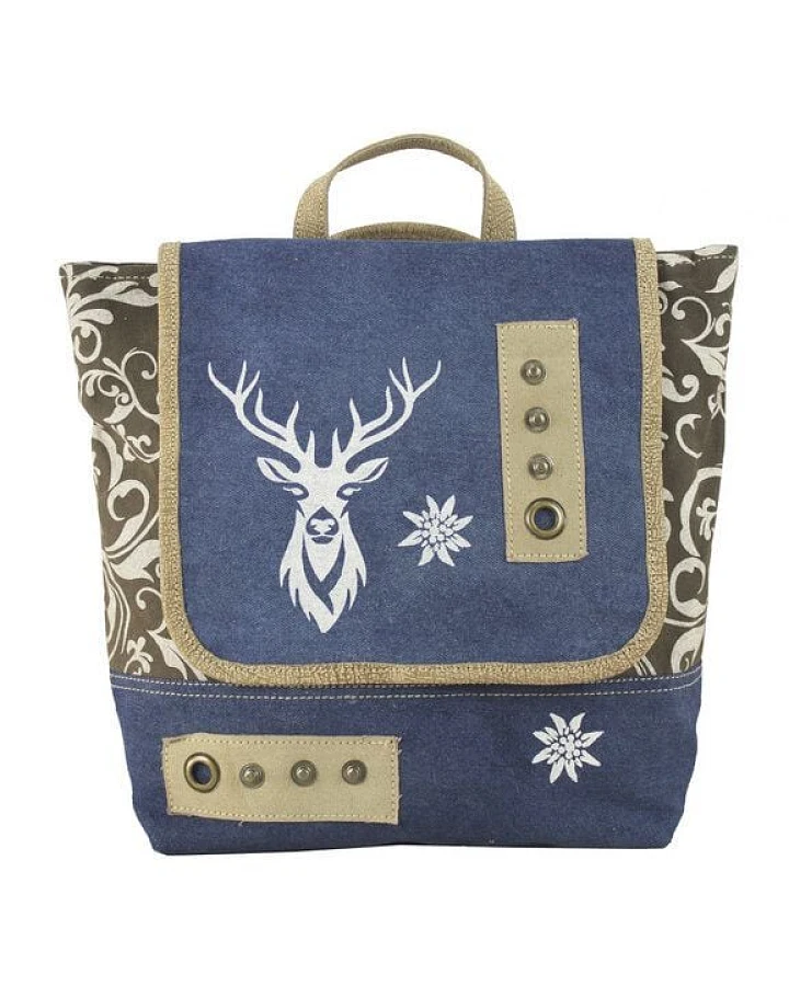 Domelo Trachten Rucksack/ Umhängetasche für Mädchen. Backpack aus recycelter Jeans/Canvas Reh-Motiv