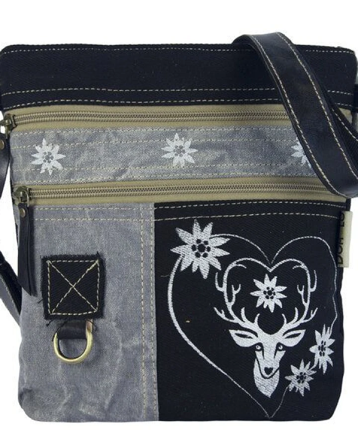 Domelo Umhängetasche. Canvas Trachtentasche mit Hirsch-Motiv, braun/ Khaki grün