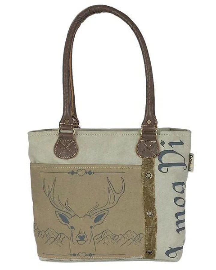 Domelo Canvas Handtasche. Schultertasche in beige/braun mit Hirsch-Motiv
