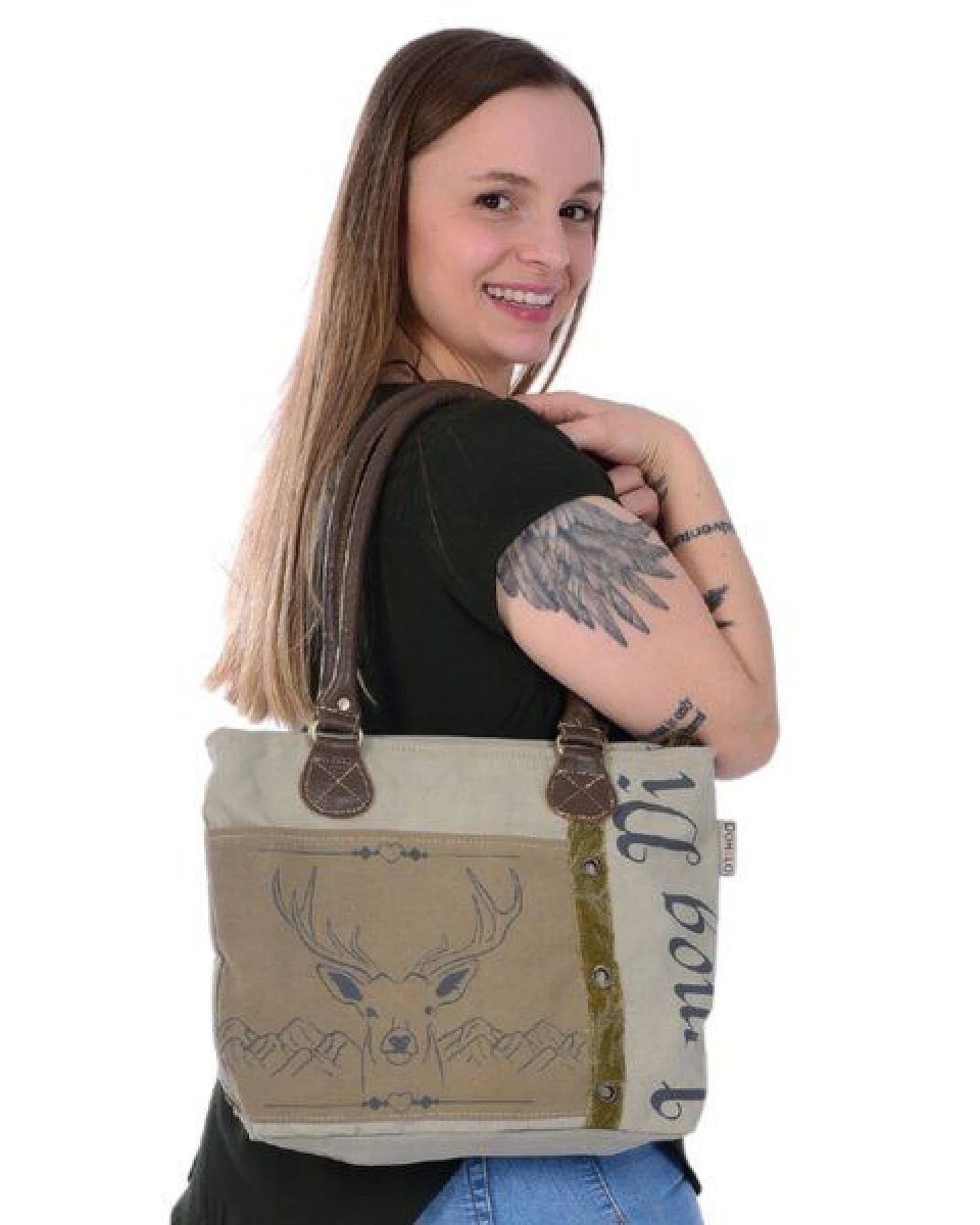 Domelo Canvas Handtasche. Schultertasche in beige/braun mit Hirsch-Motiv – Ansicht 2