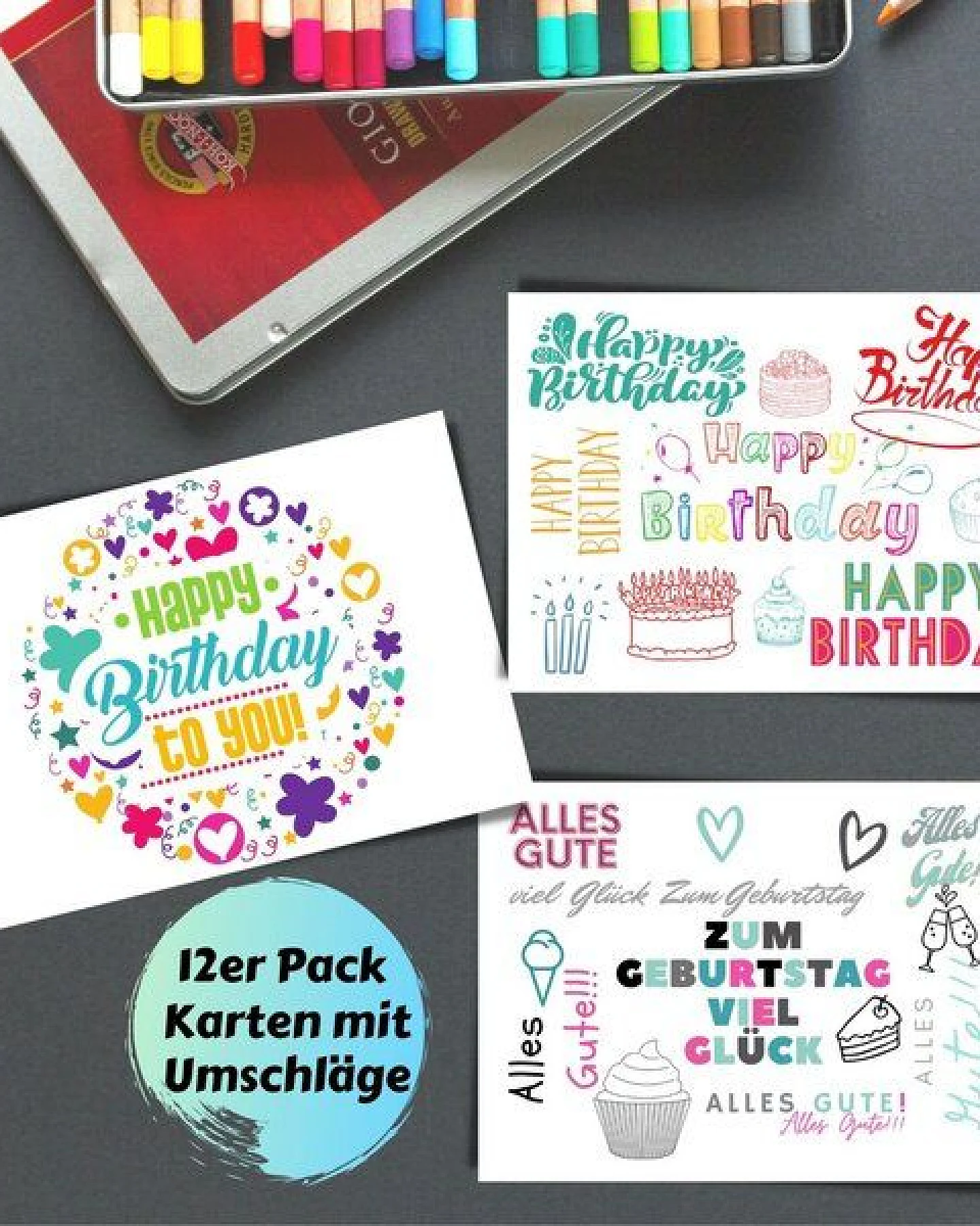 Domelo 12er Set Geburtstagskarten mit Umschlag Glückwunschkarten Postkarte als Grußkarten – Ansicht 3