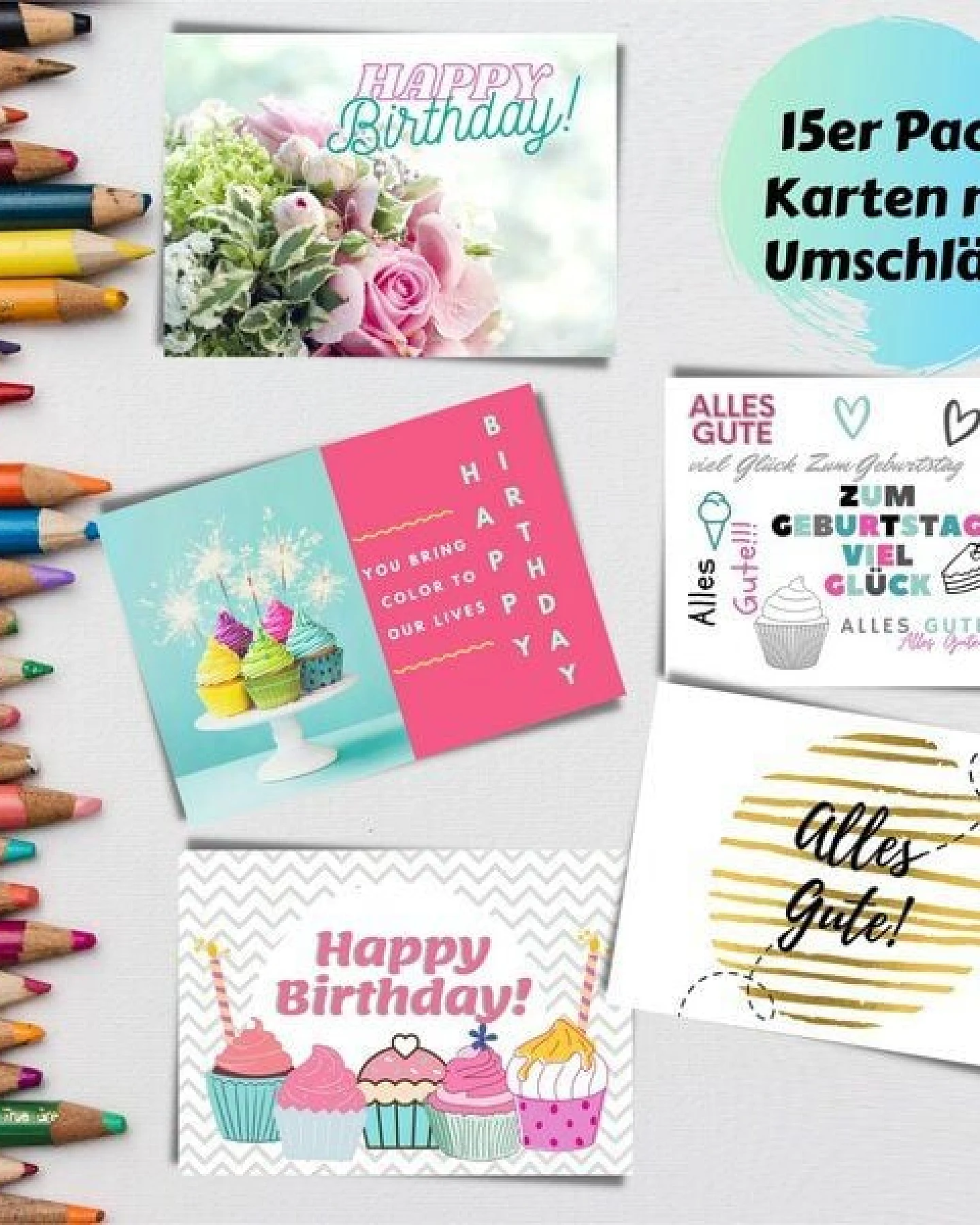 Domelo 15er Set Geburtstagskarten mit Umschlag Glückwunschkarten Postkarte als Grußkarten – Ansicht 3