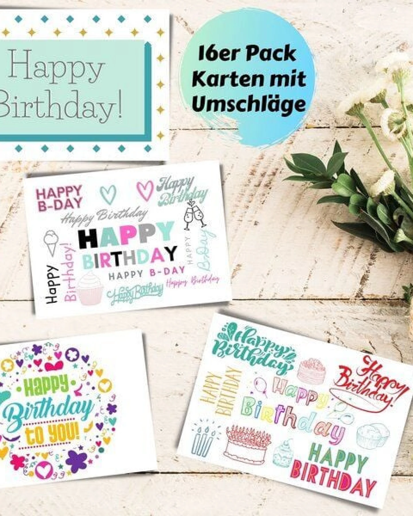 Domelo 16er Set Geburtstagskarten mit Umschlag Glückwunschkarten Postkarte als Grußkarten – Ansicht 3
