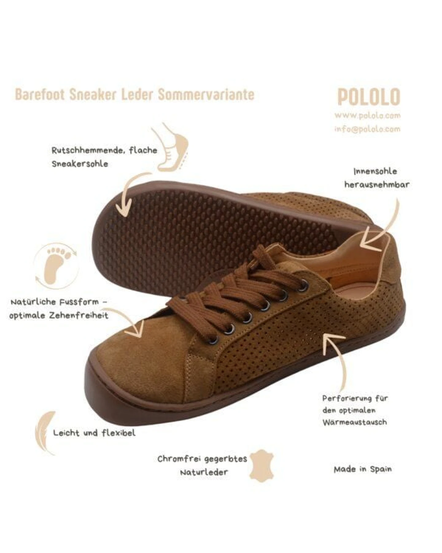 POLOLO Plus perforierter Barfuß Sneaker für Erwachsene, chromfrei gegerbtes Leder – Ansicht 4