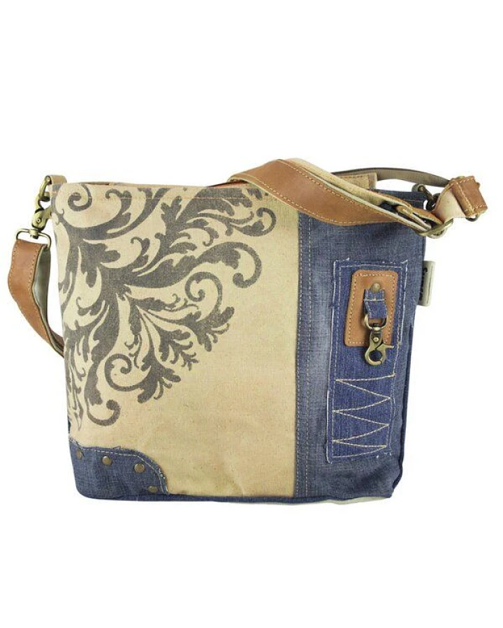 Sunsa Umhängetasche. Nachhaltige Crossbody mit Mandala Motiv, Jeanstasche