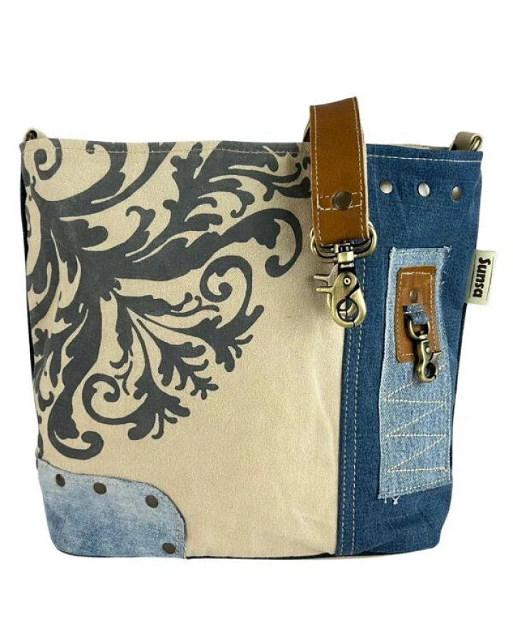 Sunsa Umhängetasche. Nachhaltige Crossbody mit Mandala Motiv, Jeanstasche