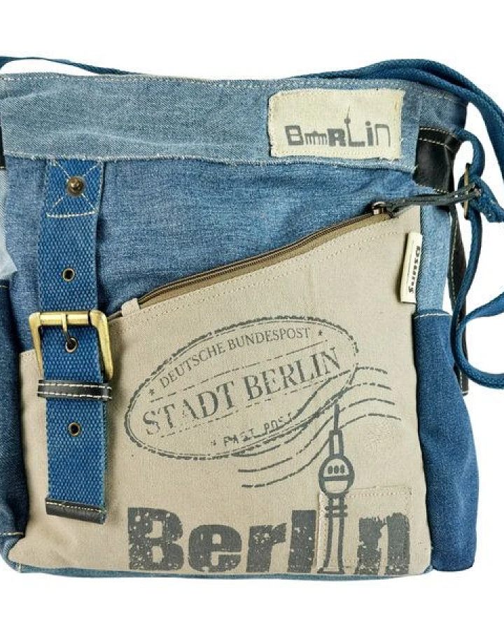 Sunsa Umhängetasche. Crossover Tasche aus recycelte Jeans Canvas & Leder. Große Schultertasche mit Berlin Design