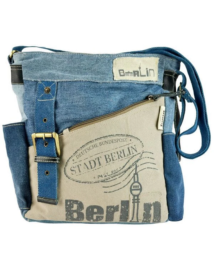 Sunsa Umhängetasche. Crossover Tasche aus recycelte Jeans Canvas & Leder. Große Schultertasche mit Berlin Design