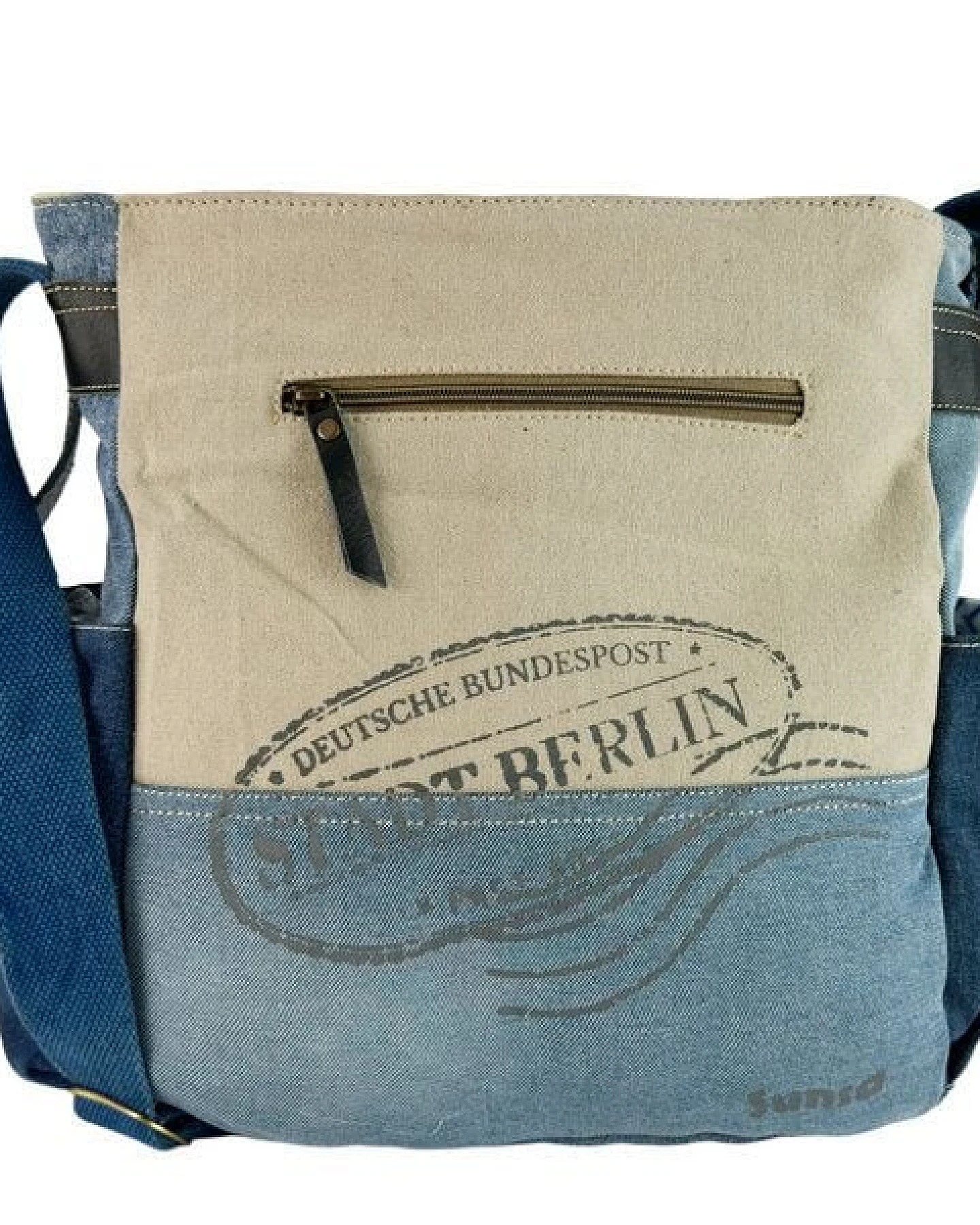 Sunsa Umhängetasche. Crossover Tasche aus recycelte Jeans Canvas & Leder. Große Schultertasche mit Berlin Design – Ansicht 4