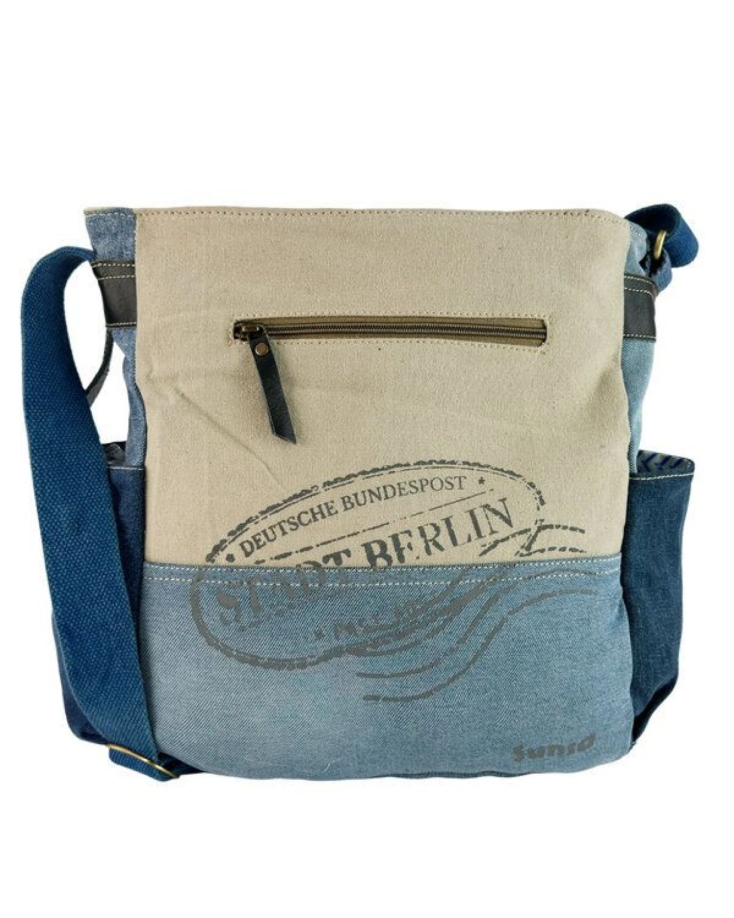 Sunsa Umhängetasche. Crossover Tasche aus recycelte Jeans Canvas & Leder. Große Schultertasche mit Berlin Design – Ansicht 4