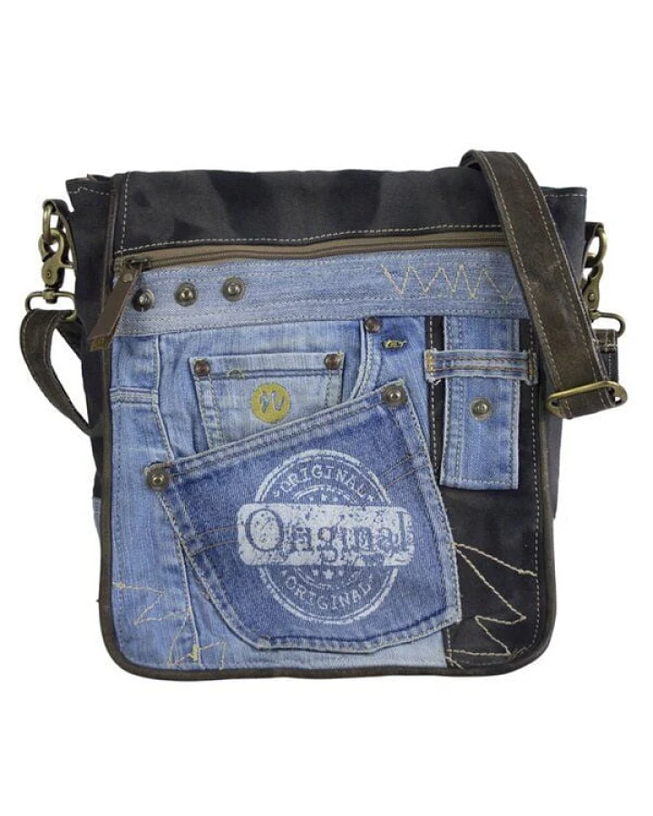 Sunsa Messenger Umhängetasche aus recycelter Jeans & schwarze Canvas. Nachhaltige Tasche