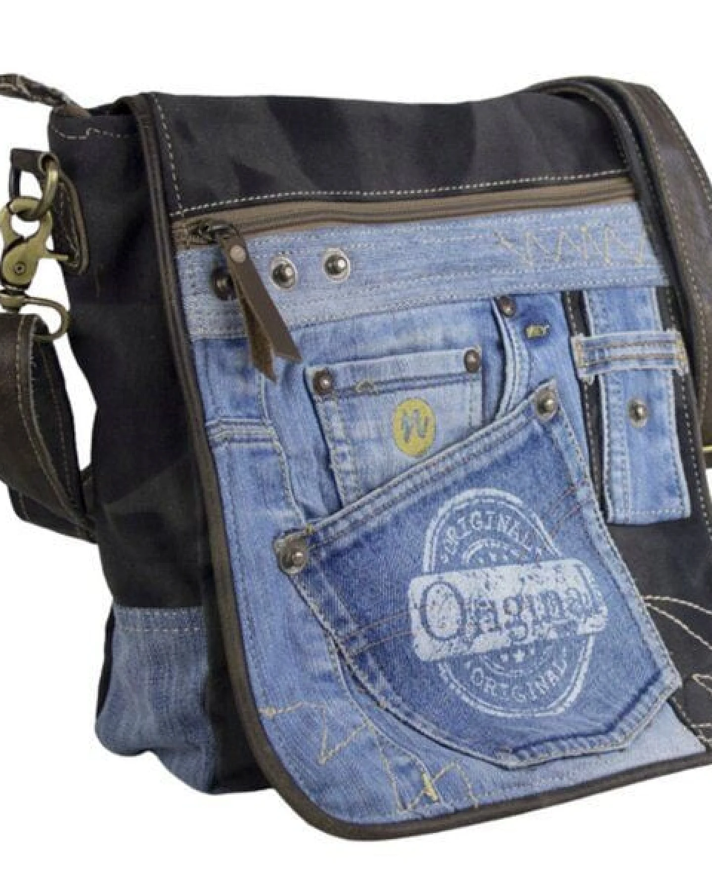 Sunsa Messenger Umhängetasche aus recycelter Jeans & schwarze Canvas. Nachhaltige Tasche – Ansicht 3