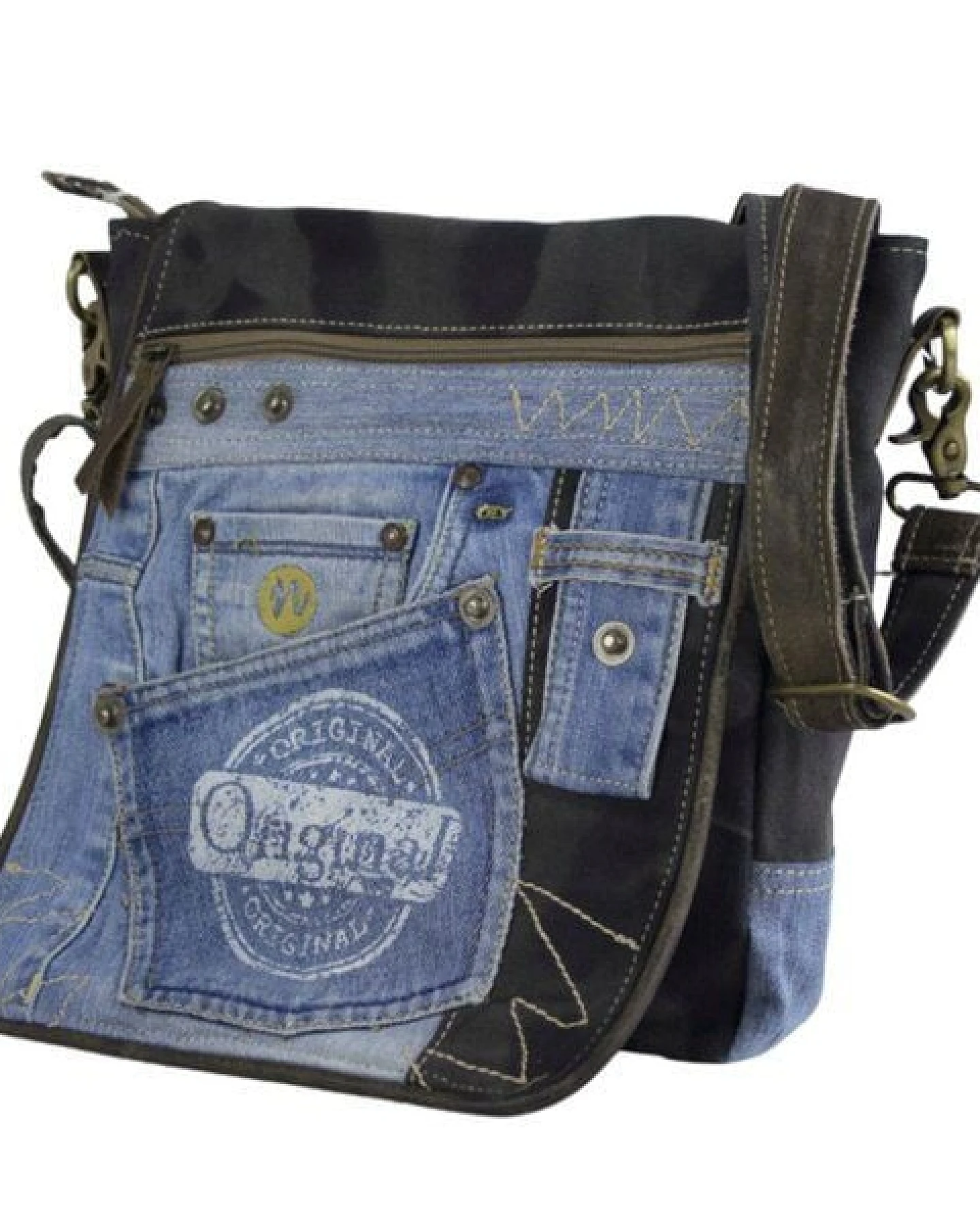 Sunsa Messenger Umhängetasche aus recycelter Jeans & schwarze Canvas. Nachhaltige Tasche – Ansicht 4