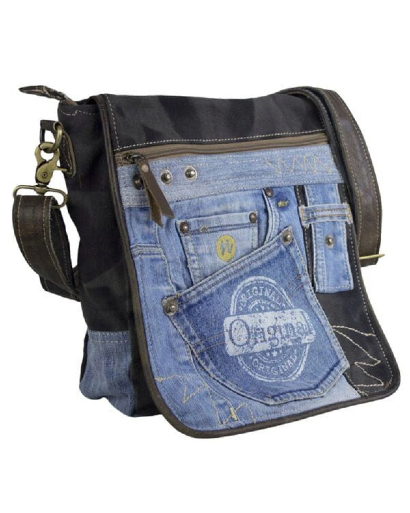 Sunsa Messenger Umhängetasche aus recycelter Jeans & schwarze Canvas. Nachhaltige Tasche – Ansicht 3